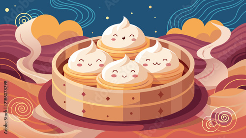 Cute Kawaii Baozi Steamed Buns in Bamboo Steamer Illustration, Happy Face Dim Sum Characters on Decorative Background