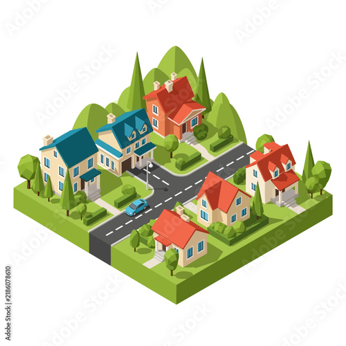 Isometric suburban neighborhood with colorful houses, green trees, and blue car.