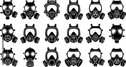 Gas Mask & Full Face Respirator Silhouette Icon Set. Collection of safety & PPE silhouettes, including gas mask & full face respirator, detailed respiratory protection shapes, and more.