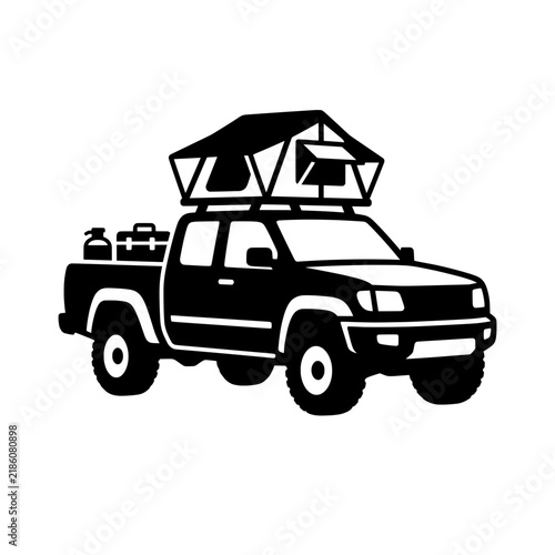 Pickup truck with rooftop tent icon for overlanding and adventure travel design