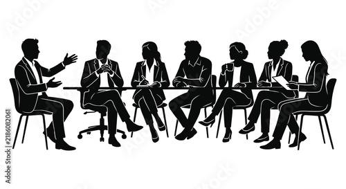 Business meeting silhouette depicts a group of people seated around a table