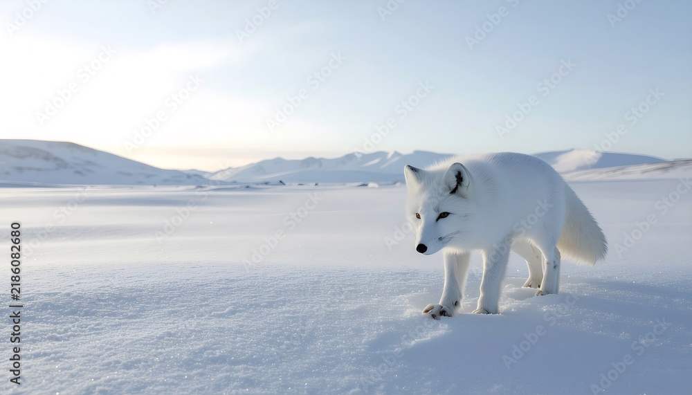 Fototapeta premium Arctic fox walking across vast winter snow landscape