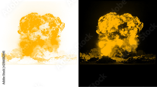 Canvas Print Nuclear explosion mushroom cloud illustration, fiery orange atomic blast on blac