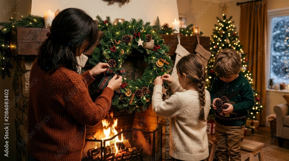 Obraz premium Family Decorating a Christmas Wreath Together by the Fireplace in a Cozy Holiday Living Room