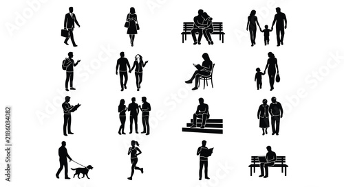 Silhouettes of people and park benches against a white background