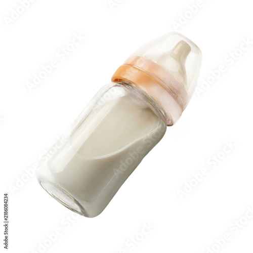 Premium baby bottle with milk isolated on a transparent background for commercial use