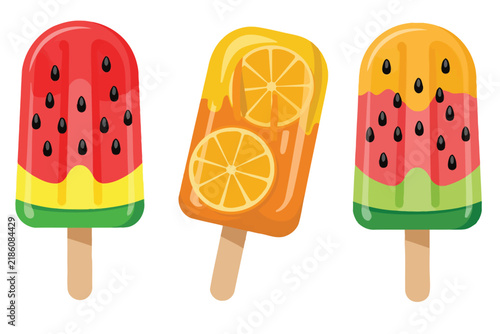 Vibrant summer fruit popsicles vector illustration set, colorful frozen treats featuring refreshing fruity flavors for seasonal desserts, packaging, menus, and branding.