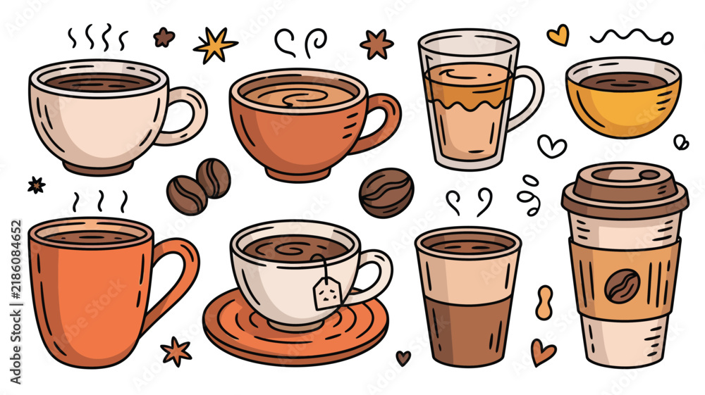 Obraz premium Coffee mug and hot beverage icon collection isolated on white background, cozy drink symbols for cafe menus, restaurant branding, packaging, and advertising.