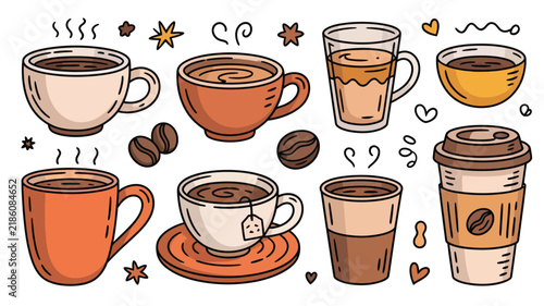 Coffee mug and hot beverage icon collection isolated on white background, cozy drink symbols for cafe menus, restaurant branding, packaging, and advertising.