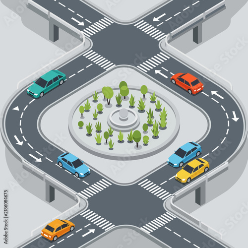 Isometric Four-Way Intersection with Cars and Fountain Traffic Circle