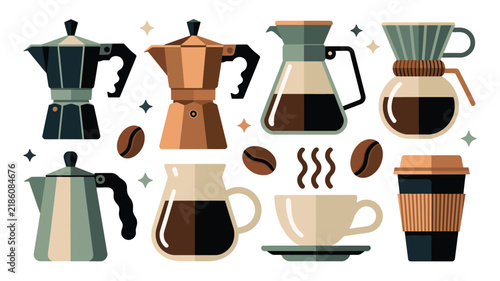 Coffee maker equipment and brewing tools vector illustration set, colorful collection of coffee preparation accessories for cafe branding, menus, packaging, and advertising.