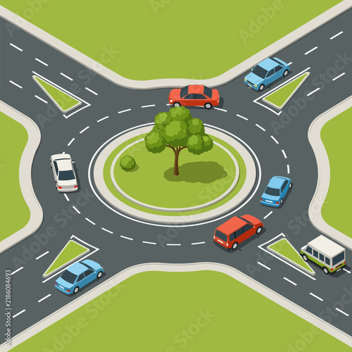 Isometric Roundabout Traffic Flow with Cars and Greenery