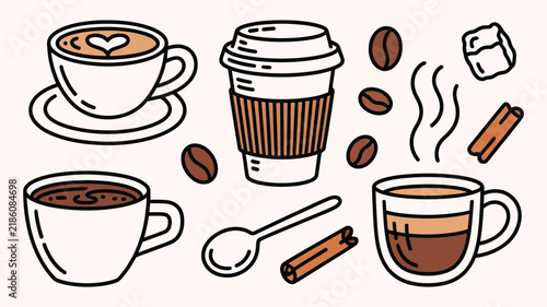 Coffee mug and hot beverage icon collection isolated on white background, cozy drink symbols for cafe menus, restaurant branding, packaging, and advertising.