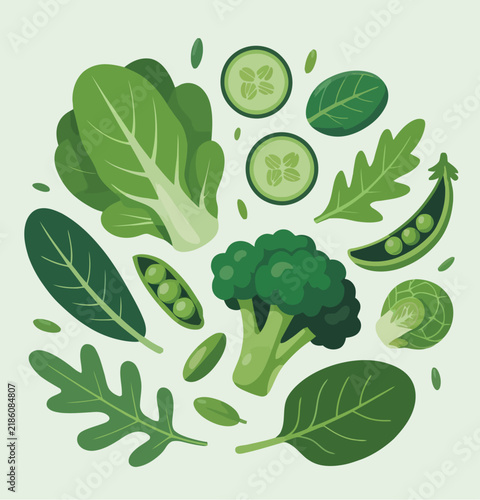 Green vegetable and leafy greens collection in flat vector style, fresh healthy food ingredients for nutrition and cooking.