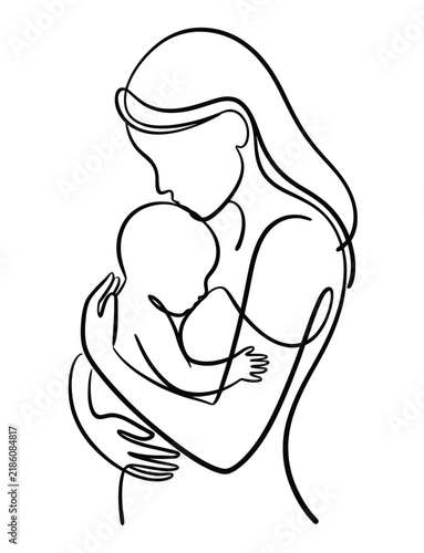 Mother and baby continuous line artwork, elegant motherhood symbol representing maternal love, care and connection
