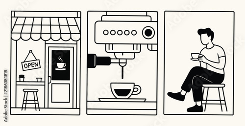 Coffeehouse cafe interior with barista and espresso cappuccino service, elegant linear illustration for beverage branding