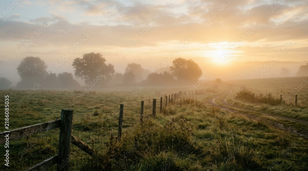 Fototapeta premium Misty Sunrise Over a Rural Field with Wooden Fence.