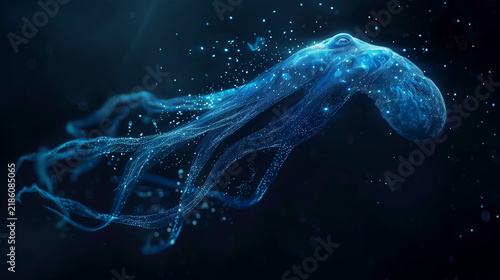 Bioluminescent glowing blue octopus floating in dark deep sea fantasy background