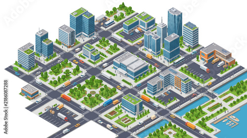 Isometric Cityscape with Green Buildings and Waterway