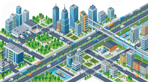 Isometric Cityscape with Traffic and Green Spaces