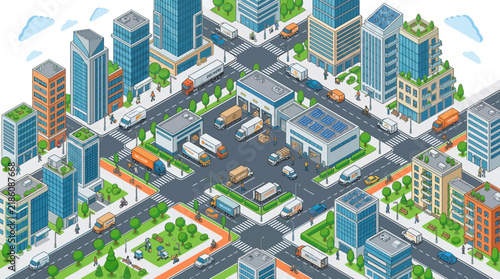 Isometric Cityscape with Trucks and Buildings | Urban Logistics and Transport