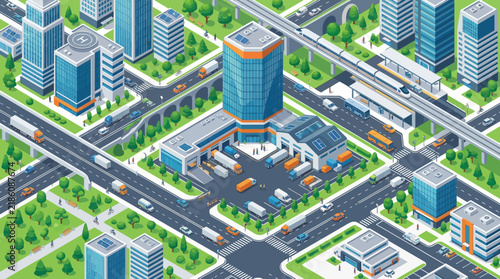 Isometric cityscape with urban transport, logistics, and modern architecture.