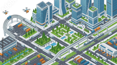 Isometric futuristic city with drones, trains, and smart logistics