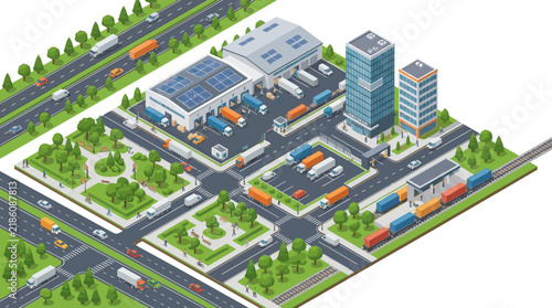 Isometric logistics hub with trucks, warehouse, offices, and transport infrastructure