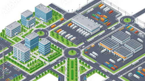 Isometric logistics hub with trucks, warehouses, containers, and office buildings.