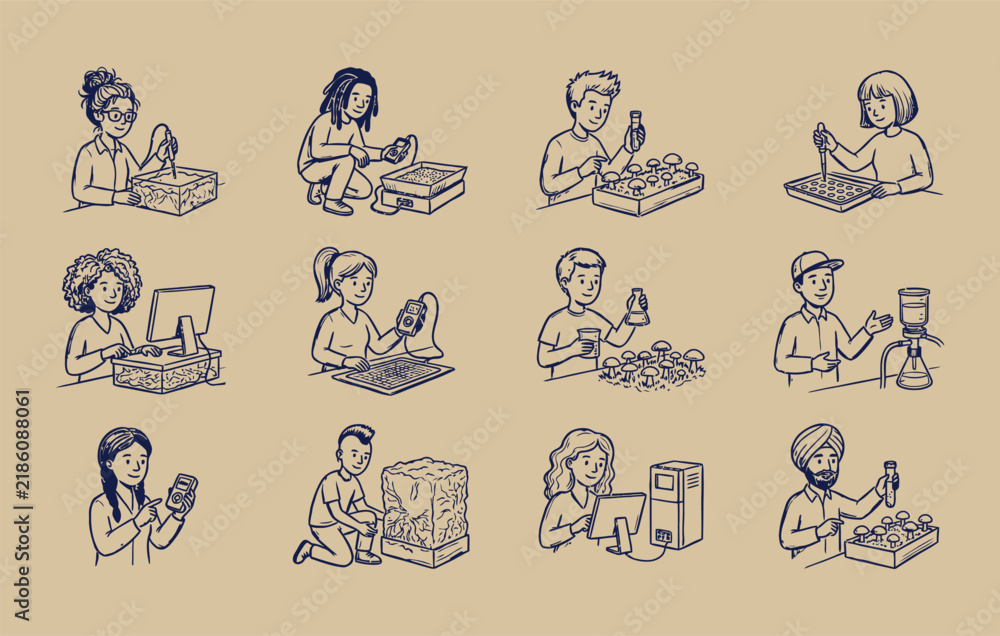 Fototapeta premium Scientists monitoring biotechnology processes examining test tubes and inspecting fungal cultures for sustainable farming research line art set