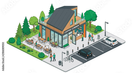 Isometric coffee shop with outdoor seating, customers, cars, and trees