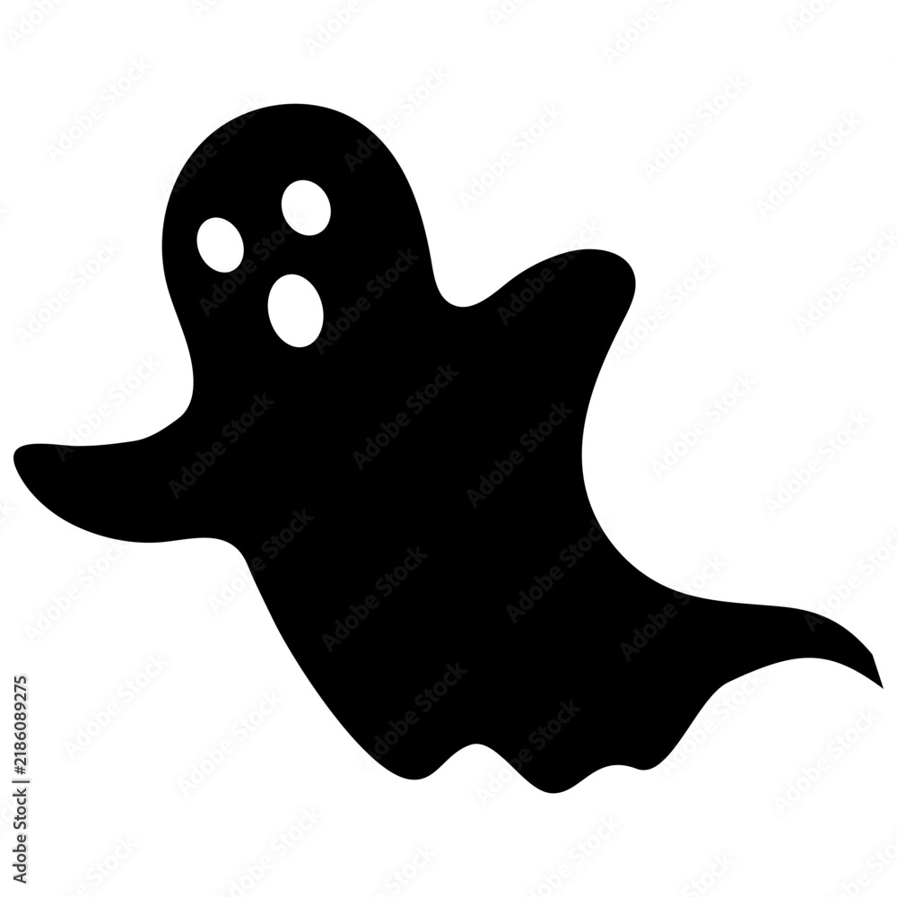 Fototapeta premium Eerie yet playful black ghost apparition with distinctive white eyes floating on a stark white backdrop