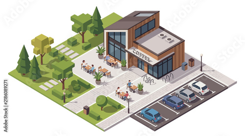Isometric modern coffee shop exterior with outdoor seating and parking lot