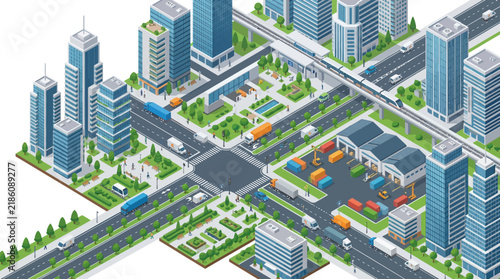 Isometric Modern Cityscape with Transportation, Buildings and Green Spaces