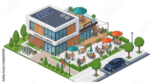 Modern Cafe Building Exterior Isometric View