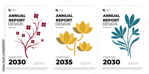 Selection of three annual report covers showcasing floral branches lotus flowers and botanical graphics with botanical graphics template business corporate branding brochure minimalist