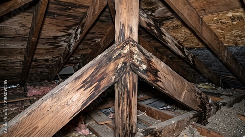 Water-stained Wooden Roof Truss Showing Detailed Grain And Dark Moisture Marks In Attic Inspection Setting