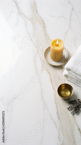 Top view of a lit yellow candle on a ceramic dish, folded white towel, brass bowl with oil, and lavender on white marble. Minimal spa and wellness flat lay with copy space.