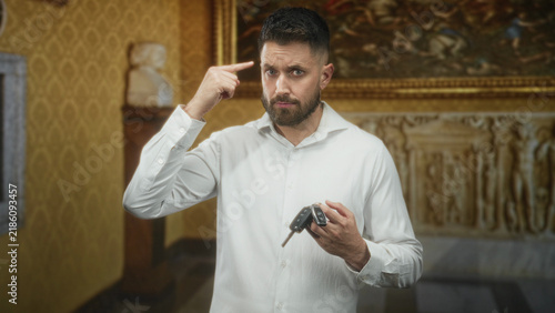 Konstfotografi Man holding car keys while points finger to temple in ornate museum building, furrowed brow and hesitant expression; confusion decision