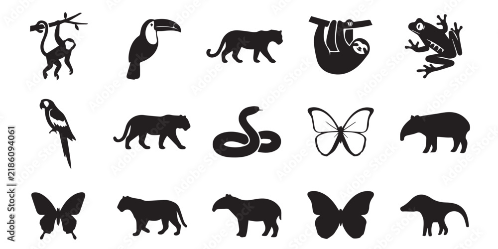 Obraz premium Black silhouettes of tropical rainforest animals set isolated on white background. A set of fifteen black vector silhouettes representing tropical rainforest wildlife. The collection includes a monkey