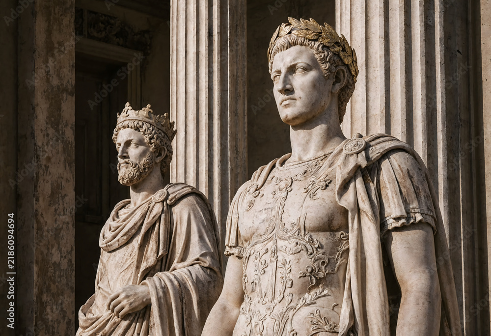 Obraz premium Ancient roman stone statues of emperors standing in front of marble columns