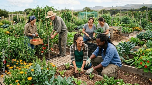 Diverse group gardening together, harvesting fresh produce in a community garden.