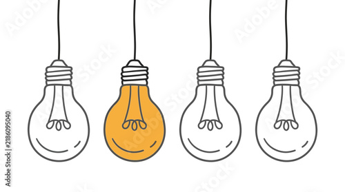 Hand drawn hanging light bulbs with one glowing yellow bulb on white background, perfect for creative brainstorming sessions, business innovation concepts and marketing strategy presentations