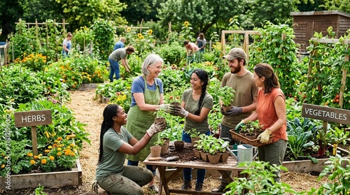 Diverse group gardening, planting seedlings, community vegetable garden, outdoor activity.