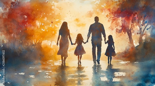 Watercolor painting of a family of four, parents and two daughters, walking handinhand