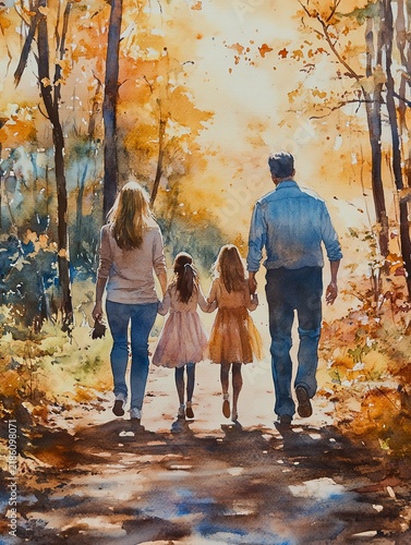 Watercolor painting of a family of four, parents and two daughters, walking handinhand