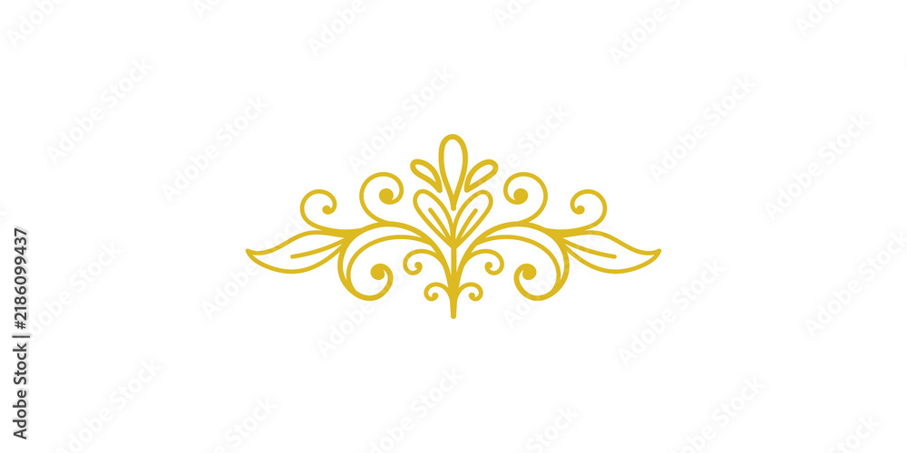 Obraz premium A detailed golden floral flourish graphic design element, featuring ornate curls, delicate leaves, and symmetrical botanical patterns isolated on transparent background
