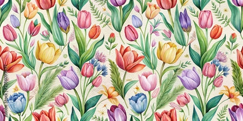 Elegant seamless pattern featuring colorful tulips and botanicals in a natural floral arrangement, natural, pattern, natural,pattern