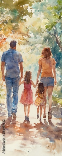 Watercolor painting of a family of four, parents and two daughters, walking handinhand