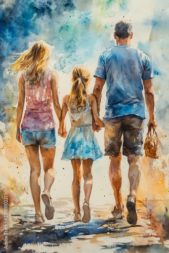 Watercolor painting of a family of four, parents and two daughters, walking handinhand